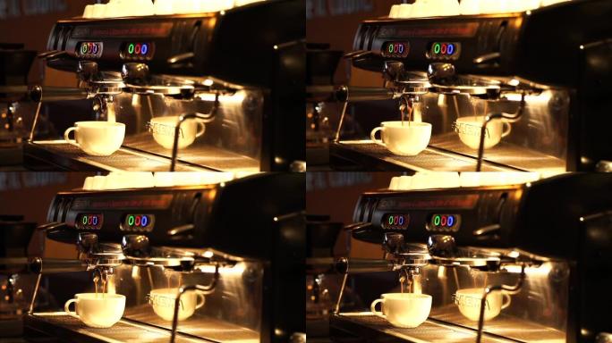 在咖啡机中准备咖啡，拿铁咖啡准备