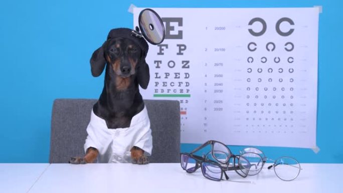 穿着长袍和头镜的医生制服的可爱的腊肠狗眼科医生坐在工作场所，桌面视力矫正的一堆眼镜，背景视力测试的远