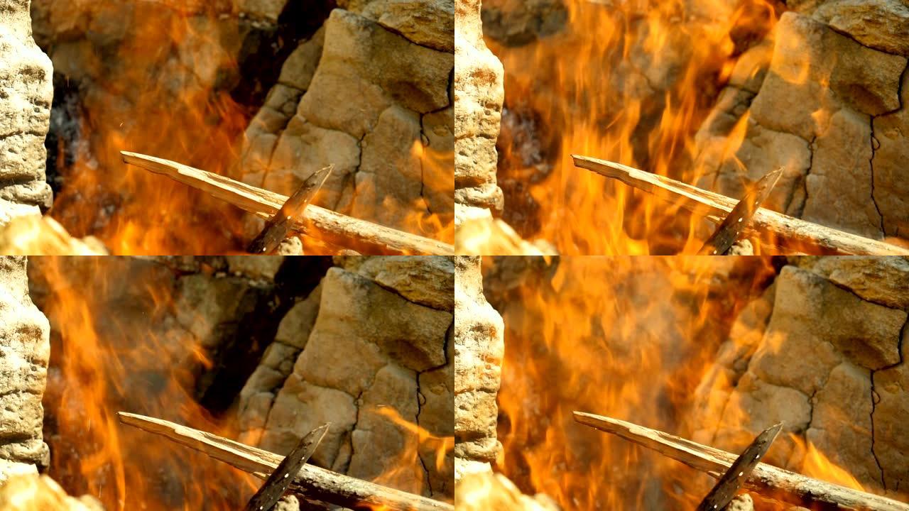 篝火。木柴的特写镜头正在火中燃烧。希腊。慢动作。高清