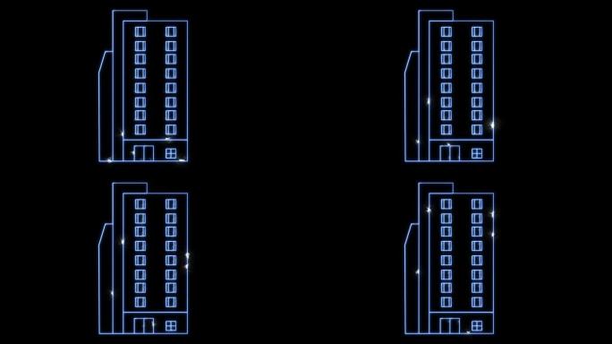 数字建筑正面和公寓旁边以及清洁能源围绕建筑未来全息现代技术移动