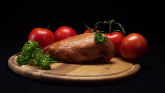 黑色背景上的一块木板上的烤鸡，西红柿和蔬菜的特写视图。架。烹饪原料