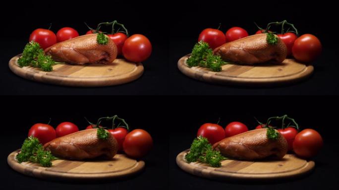 黑色背景上的一块木板上的烤鸡，西红柿和蔬菜的特写视图。架。烹饪原料