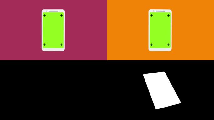 逼真的3D白色手机动画。模型。带轨迹标记的色度屏幕。带有纹理和暖色的动画背景。
