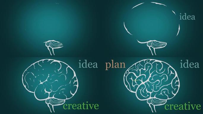 单词想法，创意，计划，成功出现在人脑，动画。成功的概念。商业理念，创造性思维。