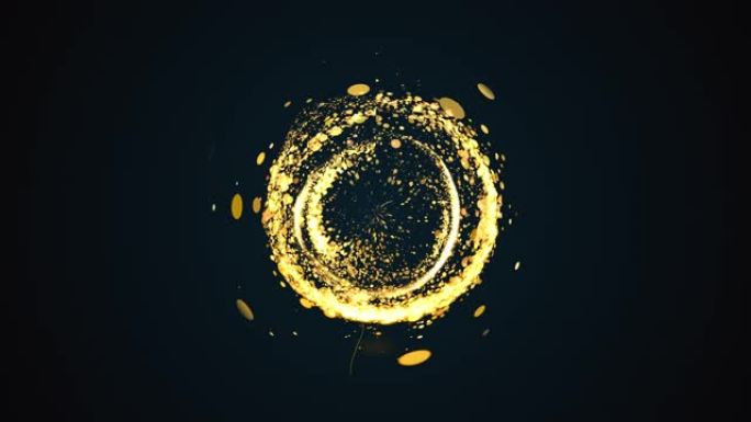 计算机生成的抽象背景。金色的圆形粒子和光的混乱流产生了螺旋。3D渲染