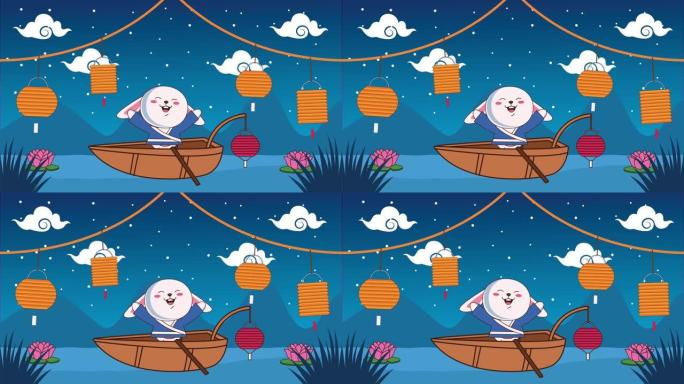 中秋节动画船上有兔子和灯悬挂