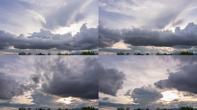 云延时镜头B滚动移动，阴暗的天空和黑色的积云在雨季暴风雨。美丽的自然日落时间可怕的天气背景屏幕。