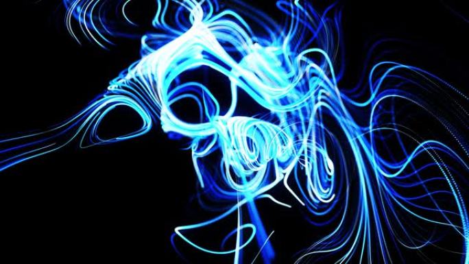 光线条纹的快速线条。粒子流形成卷曲的蓝线，如辉光轨迹，线形成漩涡状，如卷曲噪声。抽象3d动画作为明亮