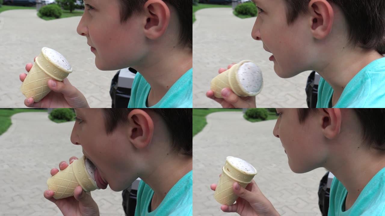 一个青春期男孩在夏天在户外吃冰激丸的肖像