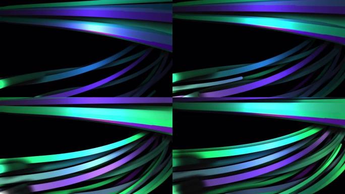 黑色背景上流动的抽象彩色曲线，无缝循环。动画。蓝绿抽象电线一个一个乱动