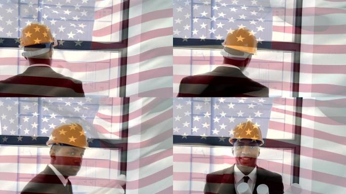 美国国旗飘扬在快乐的非裔美国建筑师肖像上的动画