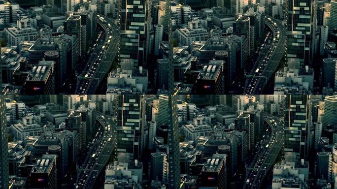 东京市高速公路的鸟瞰图 | 倾斜移位 | 缩小