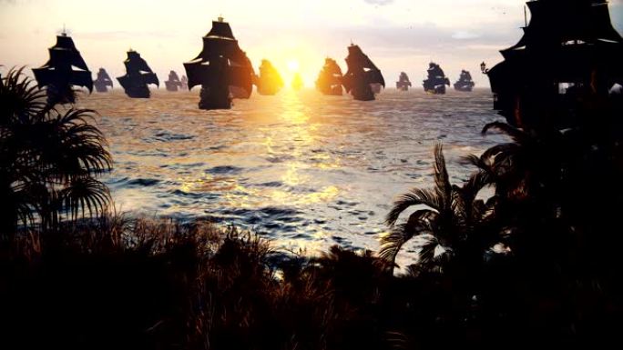 中世纪的船只在日落时停靠在广阔的蓝色海洋中的一个岛上。中世纪海上探险的概念。3D动画周期。
