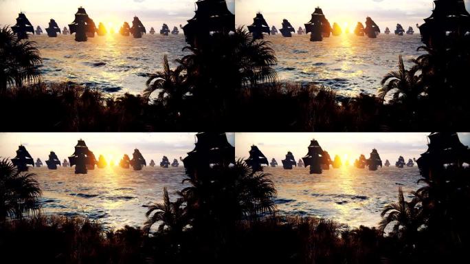 中世纪的船只在日落时停靠在广阔的蓝色海洋中的一个岛上。中世纪海上探险的概念。3D动画周期。