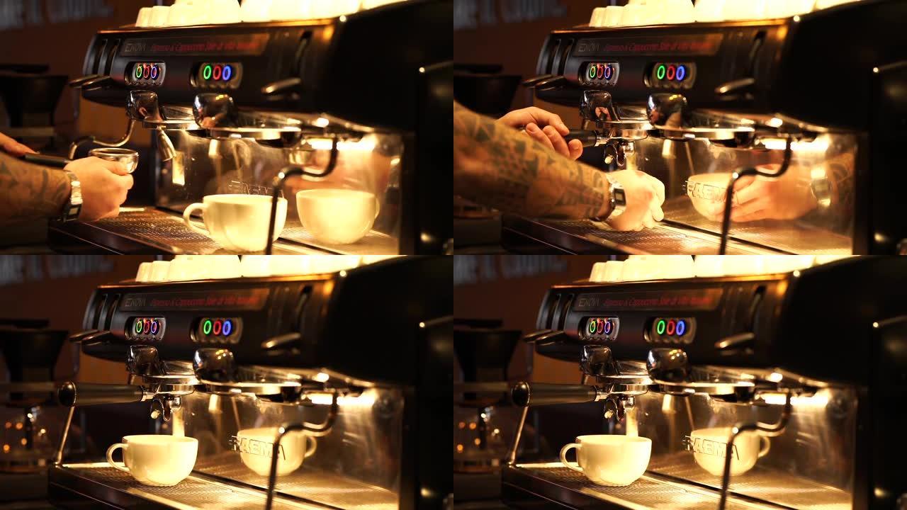 在咖啡机中准备咖啡，拿铁咖啡准备
