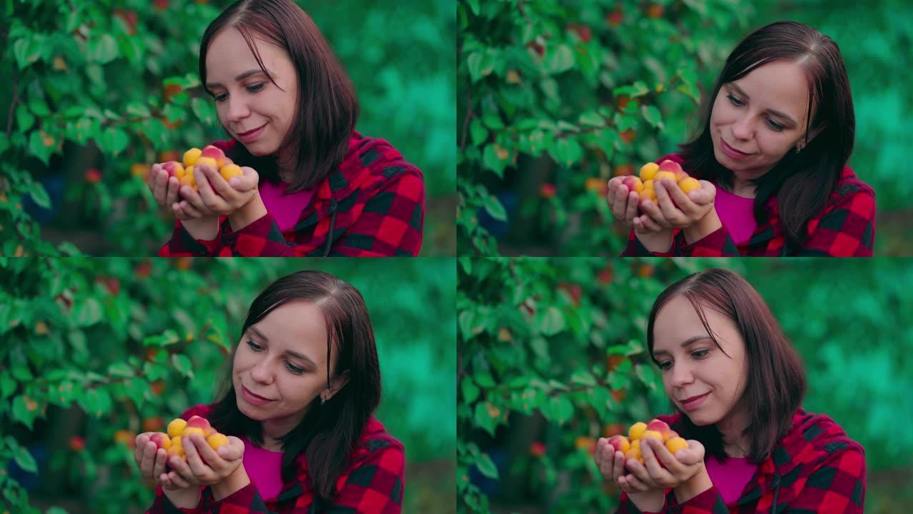 年轻漂亮的女人手里拿着杏子。成年雌性，成熟果实在杏树的背景上微笑