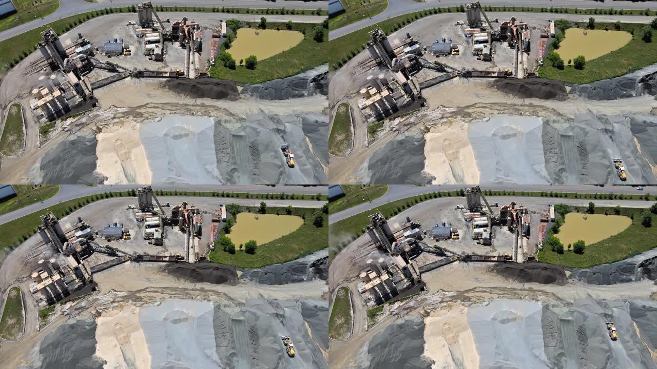 沥青加工和回收厂，改造为砂砾，沥青厂的鸟瞰图，用于道路路面的施工