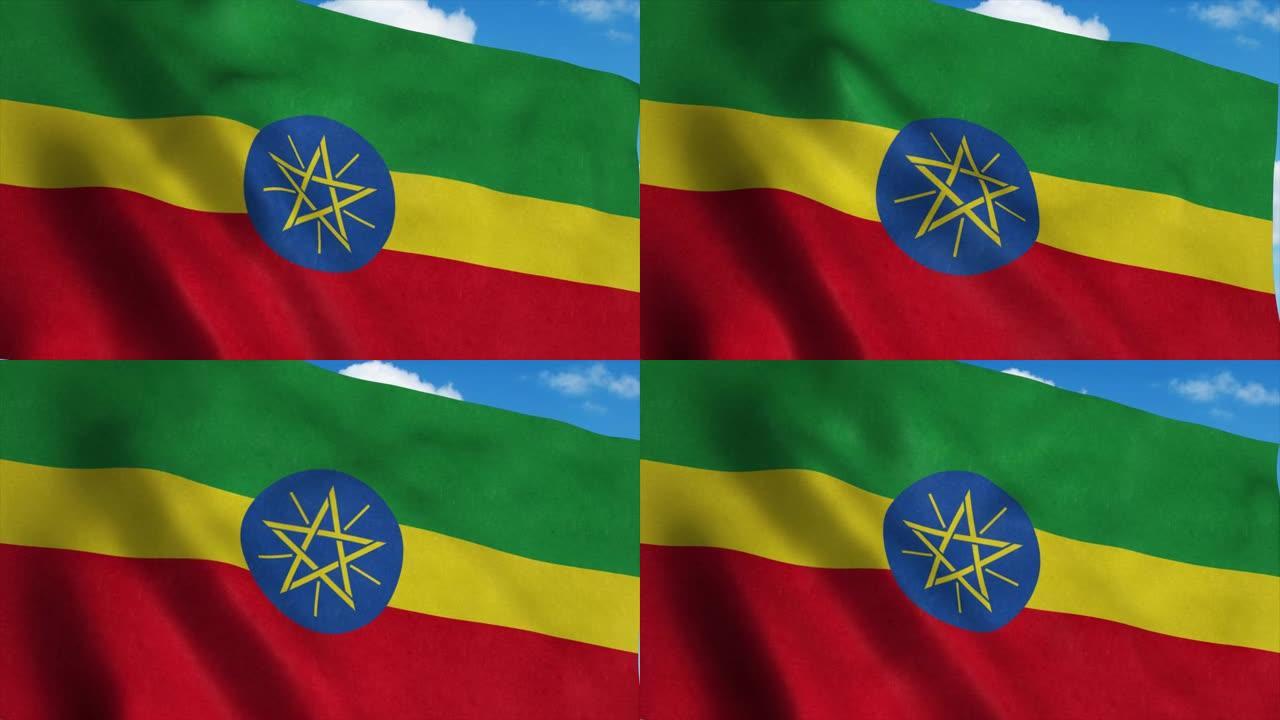 埃塞俄比亚国旗在风中飘扬，蓝天为背景。4 k
