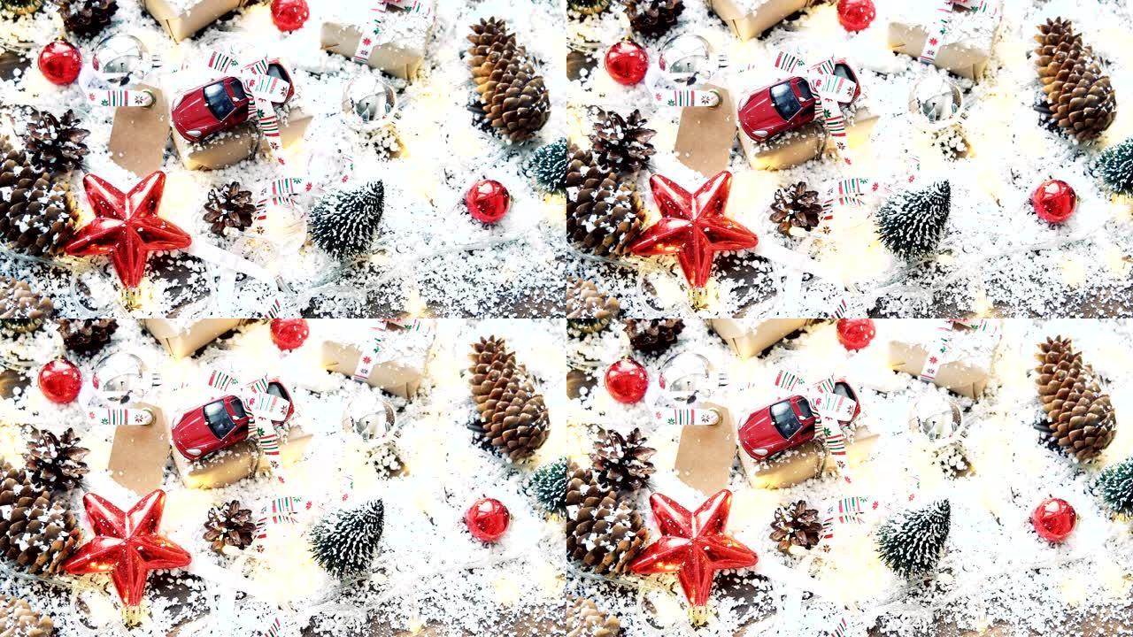 圣诞节和新年背景与玩具车礼物与丝带。球、松果和雪地上的不同装饰。