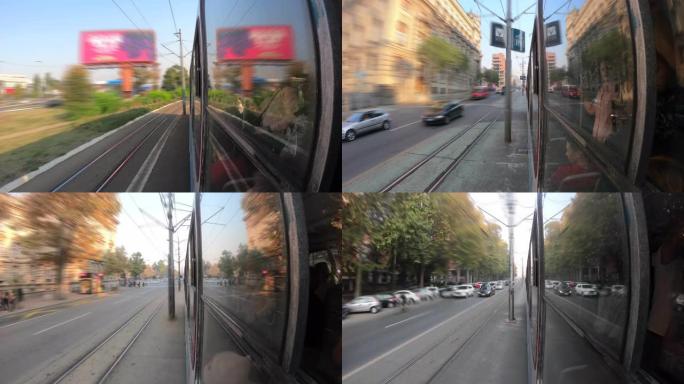 一辆电车在大城市繁忙的街道上飞驰而过，令人惊叹