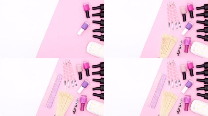 修指甲工具出现在粉红色白色主题的粉红色一侧。停止运动