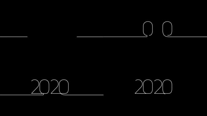 新年快乐动画2020招牌设计与连续一个单线绘制白色文本孤立在黑色背景上
