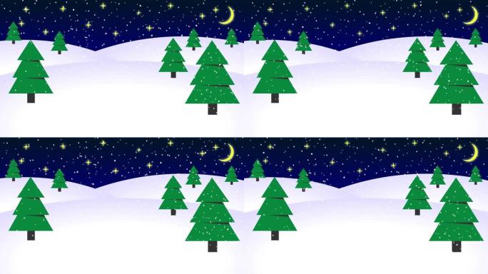 雪星和月亮背景的冬夜