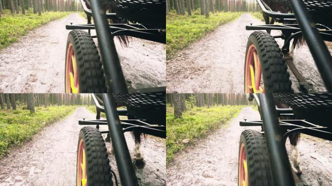 在没有人的开阔道路上，在森林道路上的手推车的特写镜头。