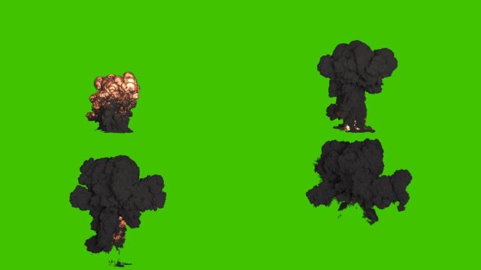 一场带有大量黑烟的大核爆炸。黑烟爆炸，炸药爆炸。绿屏前的VFX动画。