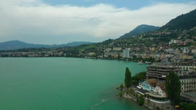 蒙特勒城日内瓦湖著名海湾空中全景4k瑞士日间飞行