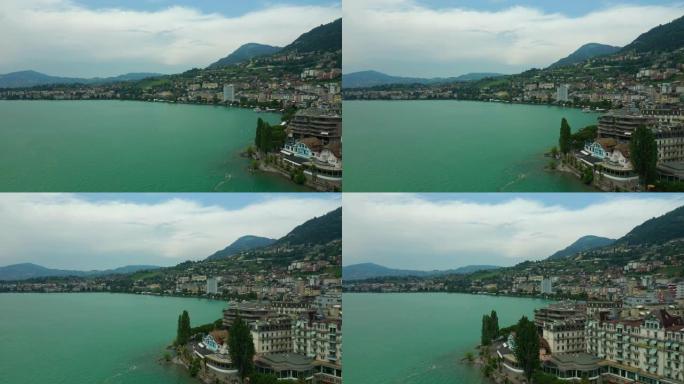 蒙特勒城日内瓦湖著名海湾空中全景4k瑞士日间飞行