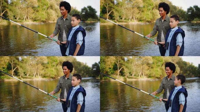 母亲教儿子如何钓鱼