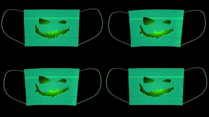 邪恶的新型冠状病毒肺炎医用面具在南瓜雕刻邪恶的咧嘴形状。3D渲染