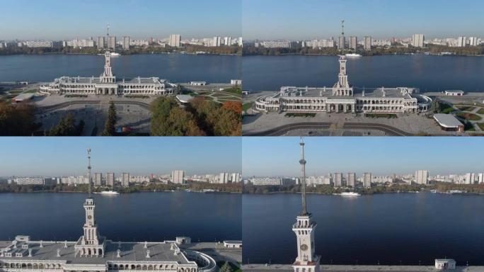 鸟瞰图是莫斯科经过翻新的北河站的美丽全景。日落时城市和河流的多彩景观。河流巡游