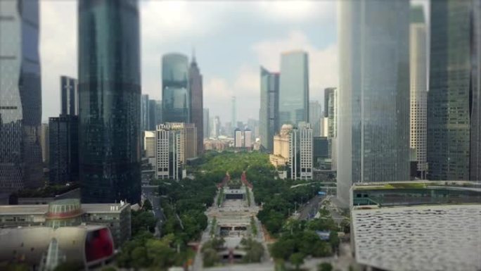 白天时间广州市中心空中全景倾斜移位4k中国