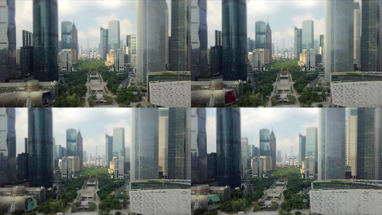 白天时间广州市中心空中全景倾斜移位4k中国