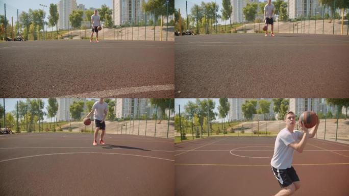 特写肖像年轻活跃的高加索男子篮球运动员在球场上的篮筐里扔球，背景是城市建筑
