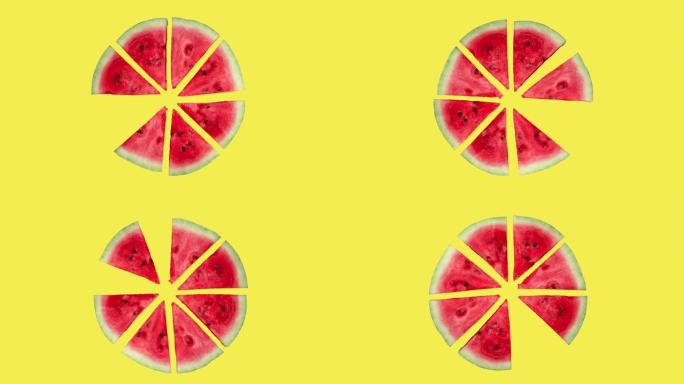黄色背景俯视图上方的无缝动画西瓜片。逼真的3d食物。最小运动设计艺术和旋转作为时钟