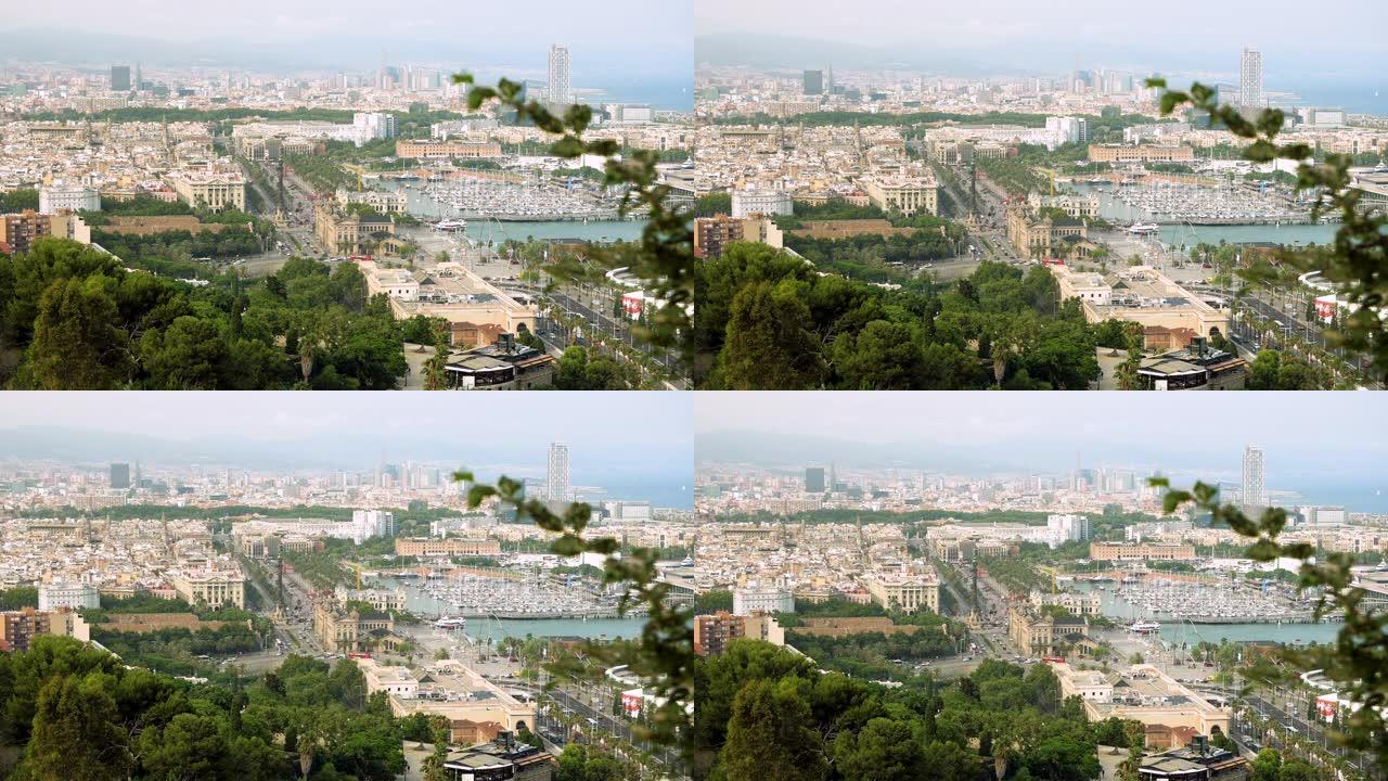 城市景观。哥伦布纪念碑。从蒙特惠克山可以看到巴塞罗那的城市。西班牙。4K