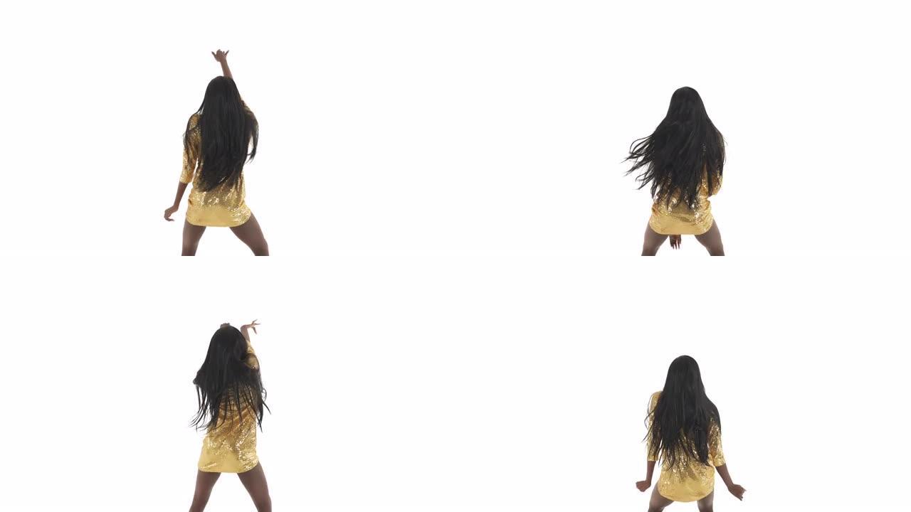 穿着金色迷你连衣裙的非洲女性，留着松散的黑色长发，摇晃臀部。诱人的舞蹈。孤立在白色背景上。