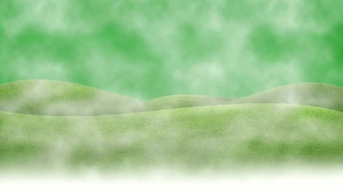 绿色屏幕背景在绿色山丘上移动雾