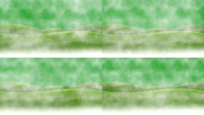 绿色屏幕背景在绿色山丘上移动雾