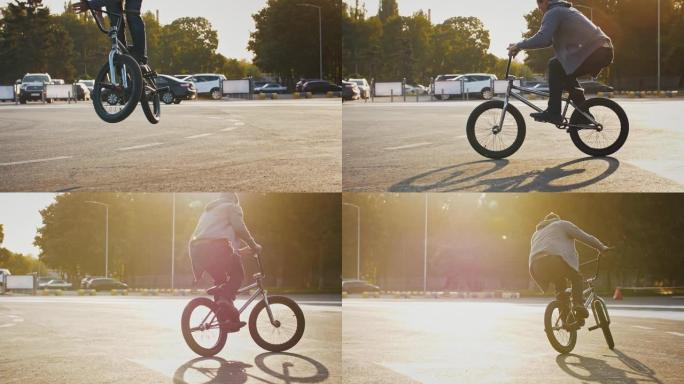 年轻人正在玩小轮车自行车，旋转车把，同时在空中弹跳和在停车场锻炼