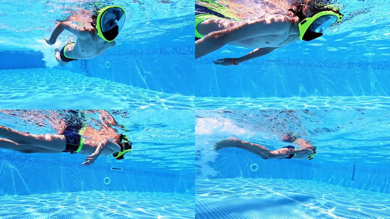 在游泳池里戴着面具潜水的孩子的水下视野。
