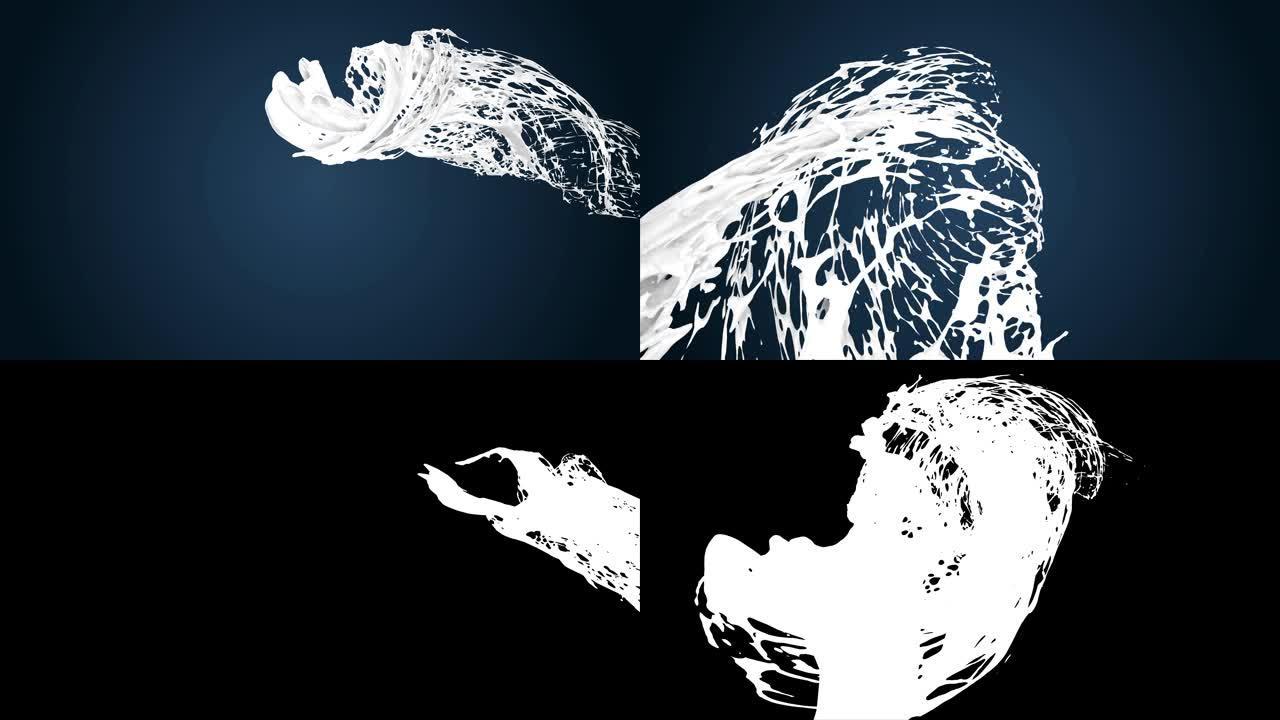 4k白色飞溅，如牛奶或白色油漆，在黑暗背景下以慢动作经过相机。以亮度哑光为阿尔法通道的液体3d动画。