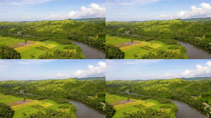 河流和绿色的山丘。东南亚美丽的河流自然风光。菲律宾的性质，萨马尔