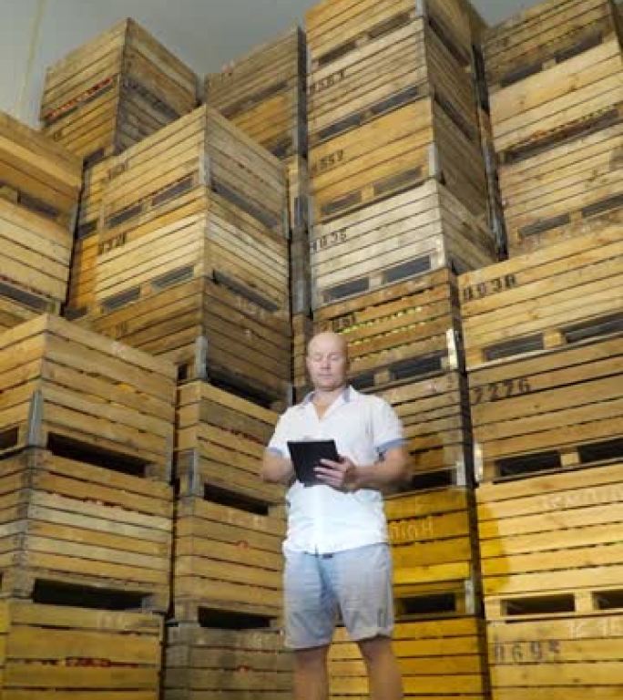 苹果存储。仓库。一堆堆装着苹果的木箱装在巨大的不透气储存冰箱里。男性员工在仓库使用平板电脑工作。垂直