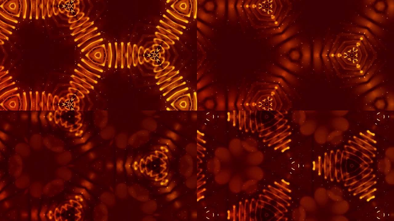 3d 4k粒子万花筒抽象背景。科幻主题的流畅循环动画。黄金豪华颗粒形成复杂的结构和图案