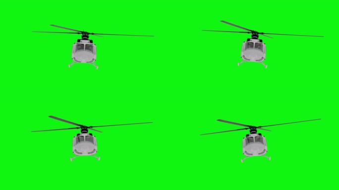 逼真的直升机飞行动画。前视图。绿屏4k镜头