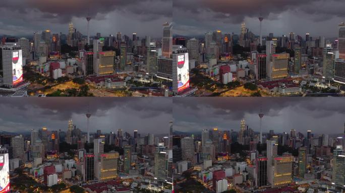 暮光照明吉隆坡市中心风暴天空航空全景4k马来西亚